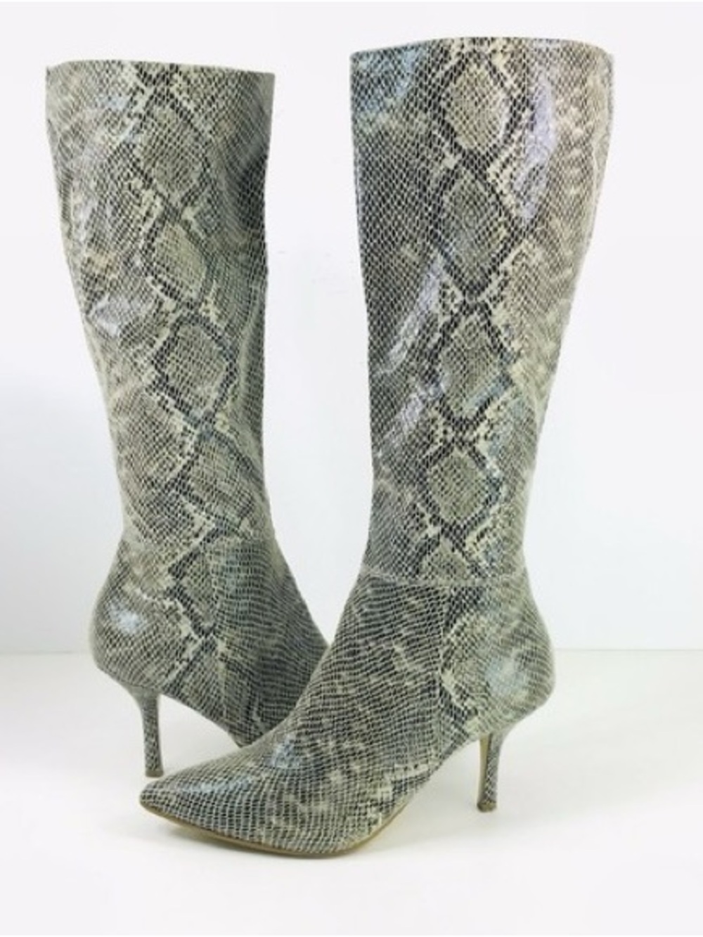 b. makowsky Glossy Snake-Print Knee Boots in Gray